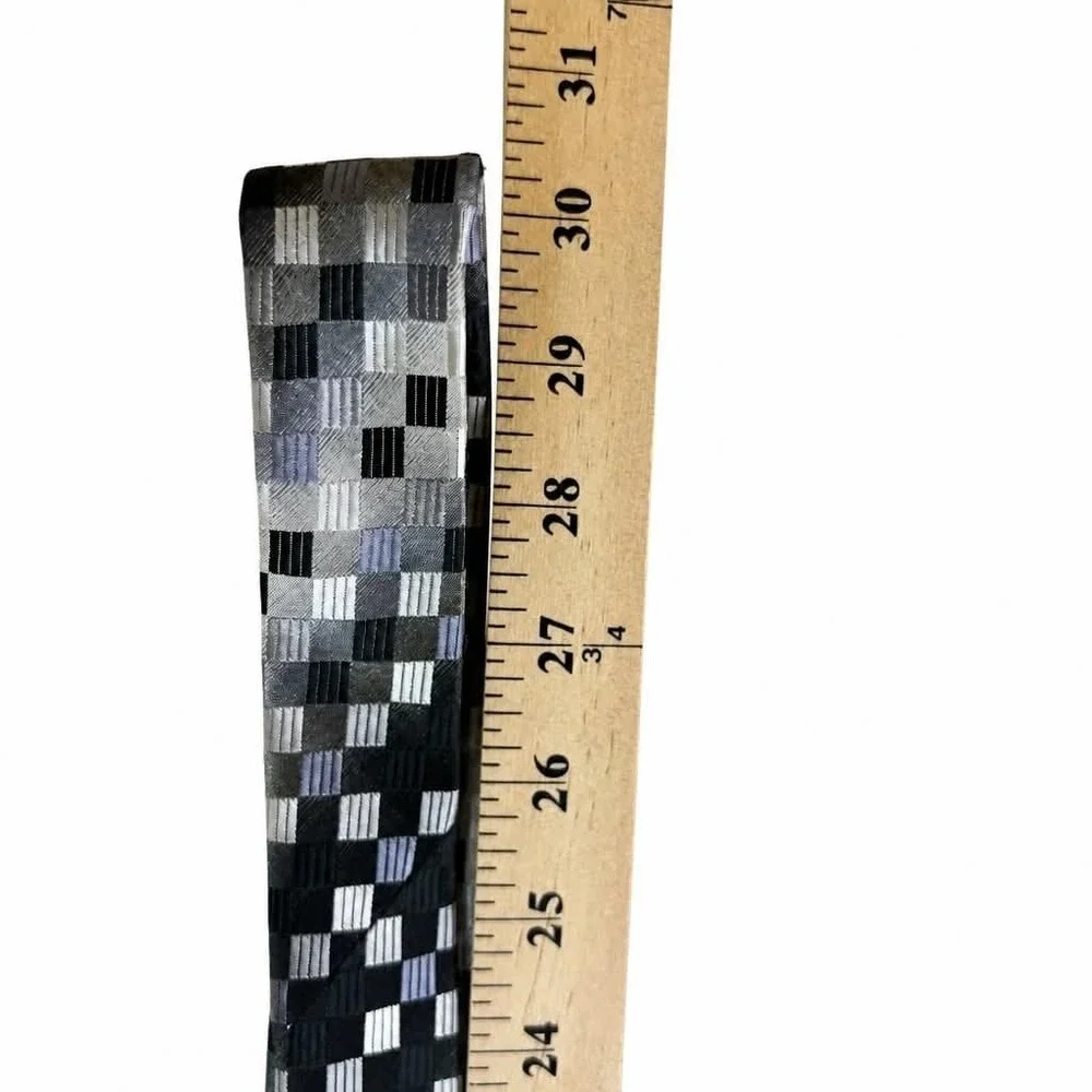 Pierre Cardin Tie Mens Gray Black Metallic Grid Geometric Checkerboard